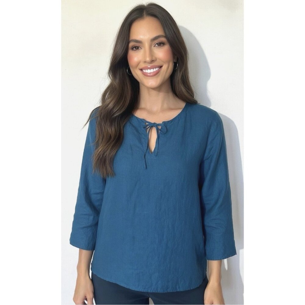 Eileen Fisher Azure Blue 100% Organic Linen Round Neck Relaxed Blouse Top